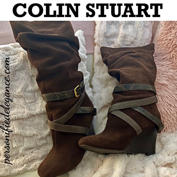 Colin Stuart Brown Suede Strappy Scrunch Knee High Wedge Boots Sz 11B - Picture 14 of 14